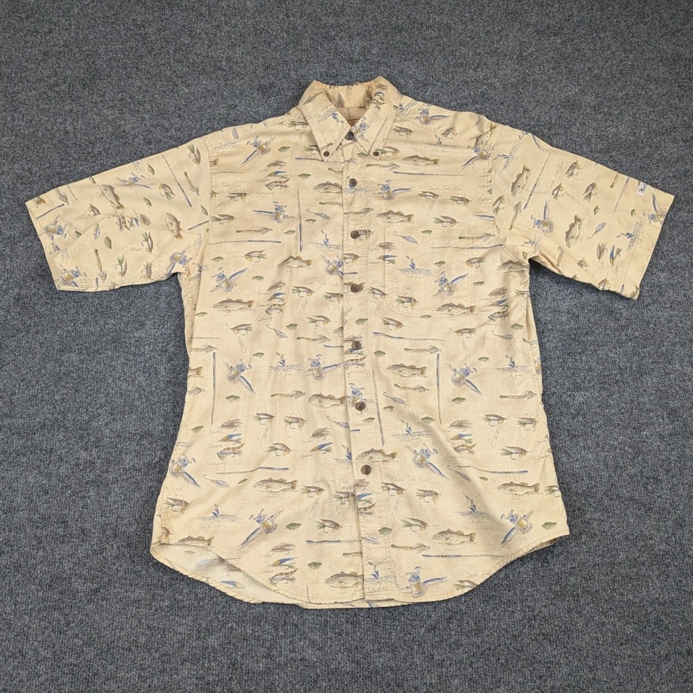 Woolrich Mens M Beige Fly Fishing Print Cotton Short Sleeve Button Down Shirt